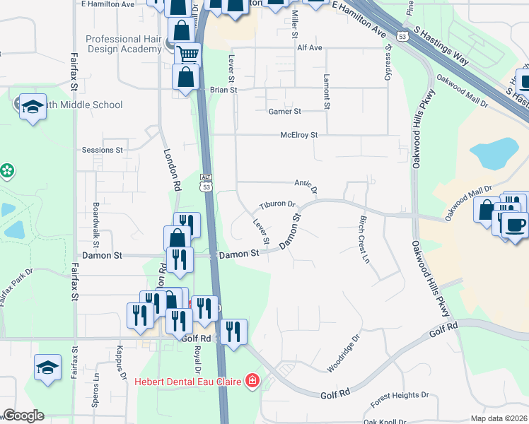 map of restaurants, bars, coffee shops, grocery stores, and more near 3117 Tiburon Drive in Eau Claire