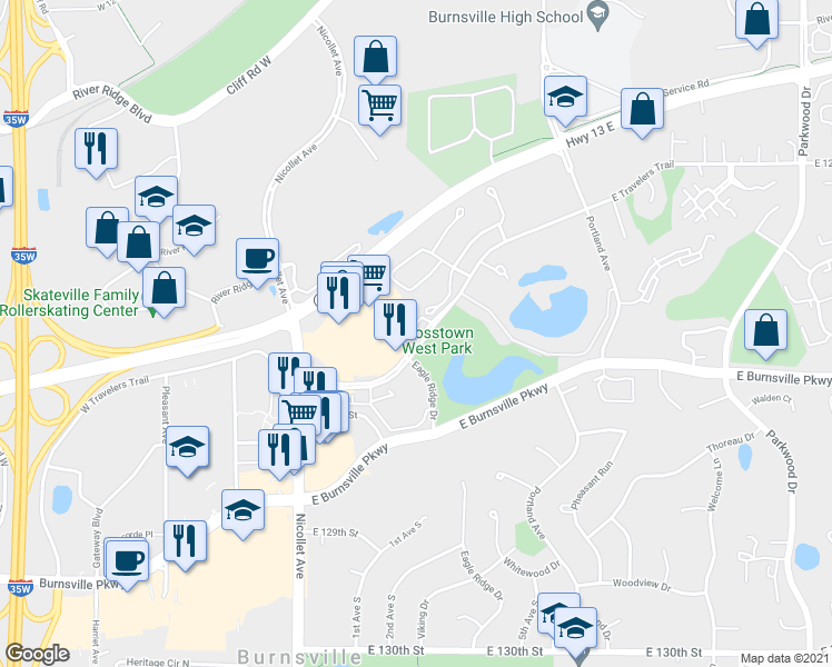 map of restaurants, bars, coffee shops, grocery stores, and more near 322 East Travelers Trail in Burnsville