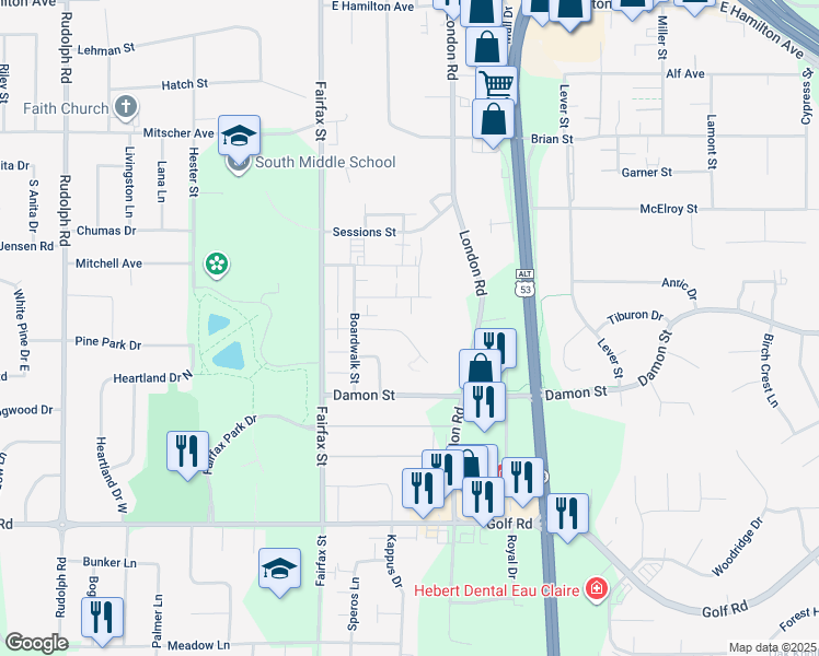 map of restaurants, bars, coffee shops, grocery stores, and more near 2428 Boardwalk Circle in Eau Claire