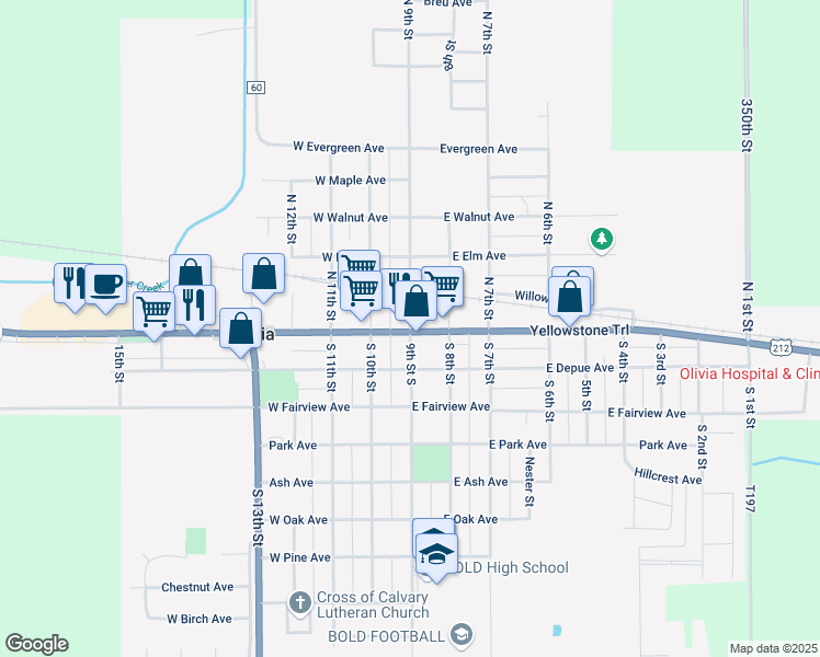 map of restaurants, bars, coffee shops, grocery stores, and more near 104 North 9th Street in Olivia