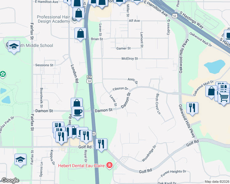 map of restaurants, bars, coffee shops, grocery stores, and more near 3117 Tiburon Drive in Eau Claire