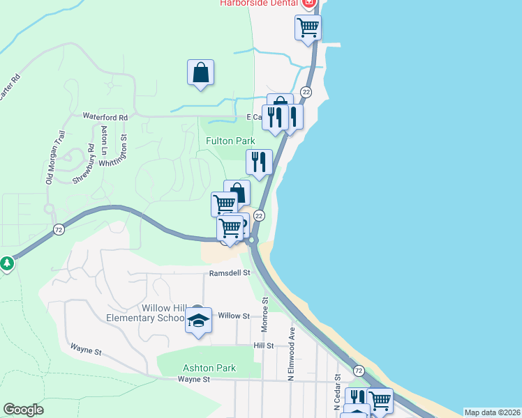 map of restaurants, bars, coffee shops, grocery stores, and more near 13910 South West-Bay Shore Drive in Traverse City