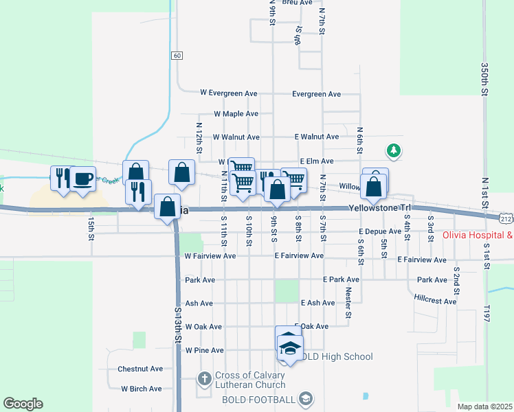 map of restaurants, bars, coffee shops, grocery stores, and more near 908 West Lincoln Avenue in Olivia