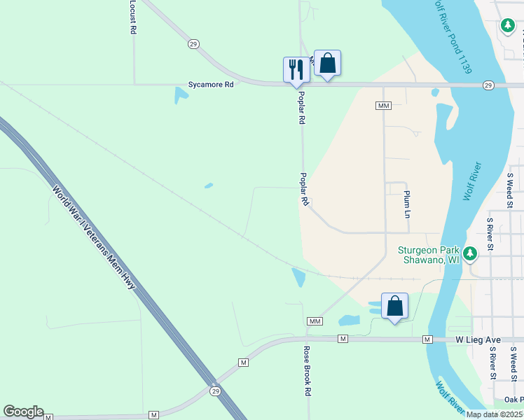map of restaurants, bars, coffee shops, grocery stores, and more near N5183 Poplar Road in Shawano