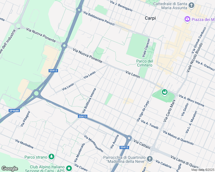 map of restaurants, bars, coffee shops, grocery stores, and more near 33 Via Alvise Cadamosto in Carpi Centro