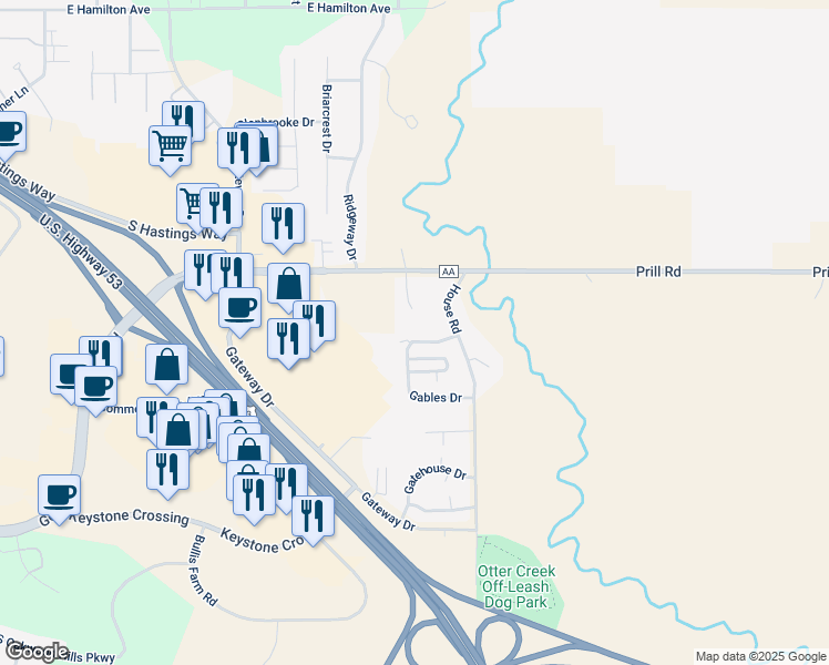 map of restaurants, bars, coffee shops, grocery stores, and more near 5624 Gables Drive in Eau Claire
