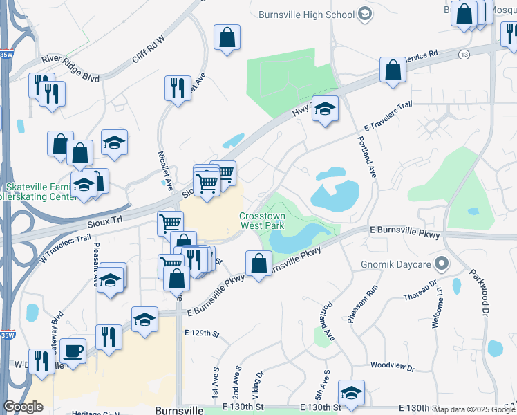 map of restaurants, bars, coffee shops, grocery stores, and more near 322 East Travelers Trail in Burnsville