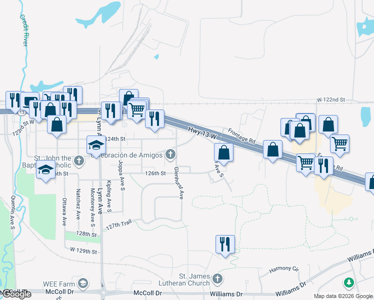 map of restaurants, bars, coffee shops, grocery stores, and more near 3805 Sibley Street in Burnsville