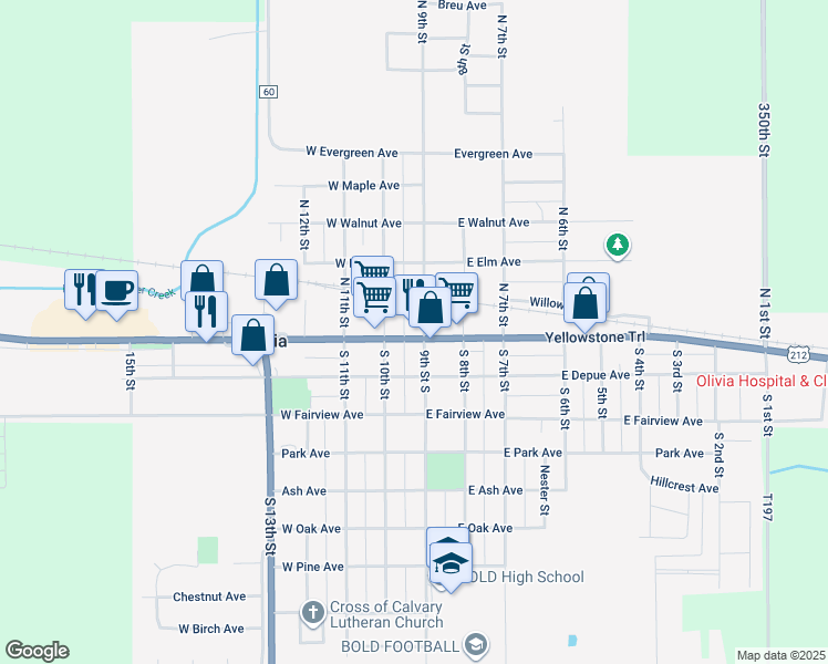 map of restaurants, bars, coffee shops, grocery stores, and more near 908 West Lincoln Avenue in Olivia