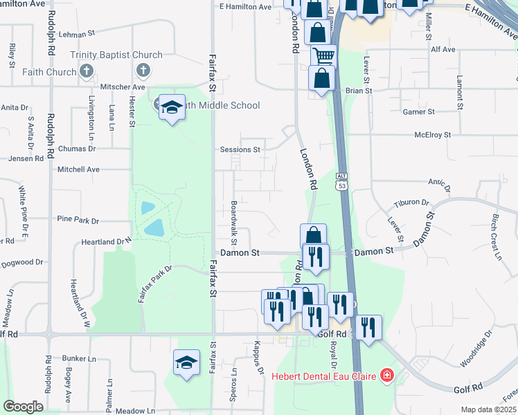 map of restaurants, bars, coffee shops, grocery stores, and more near 2428 Boardwalk Circle in Eau Claire