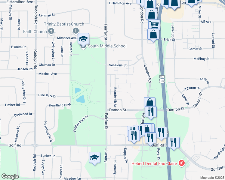 map of restaurants, bars, coffee shops, grocery stores, and more near 3912 Boardwalk Street in Eau Claire