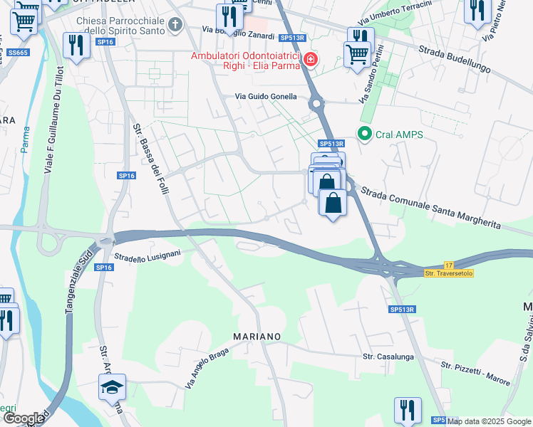 map of restaurants, bars, coffee shops, grocery stores, and more near Tangenziale Sud in Provincia di Parma