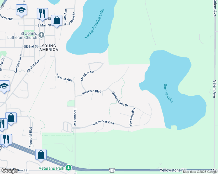 map of restaurants, bars, coffee shops, grocery stores, and more near Preserve Boulevard in Norwood Young America