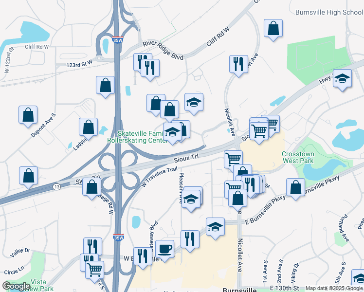 map of restaurants, bars, coffee shops, grocery stores, and more near 191 River Ridge Lane in Burnsville