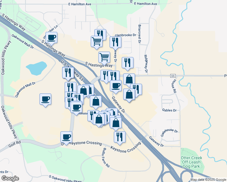 map of restaurants, bars, coffee shops, grocery stores, and more near 3826 Gateway Drive in Eau Claire