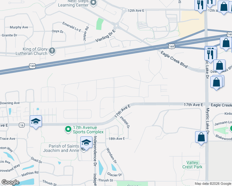 map of restaurants, bars, coffee shops, grocery stores, and more near 1604 Philipp Drive in Shakopee