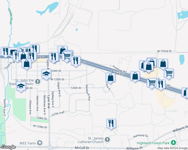 map of restaurants, bars, coffee shops, grocery stores, and more near 3805 Sibley Street in Burnsville