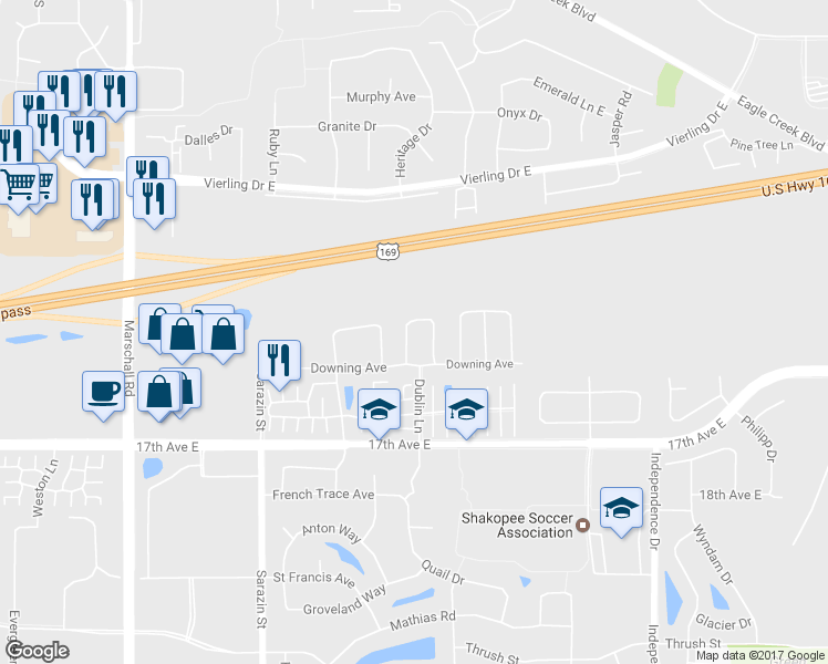 map of restaurants, bars, coffee shops, grocery stores, and more near 1514 Dublin Court in Shakopee