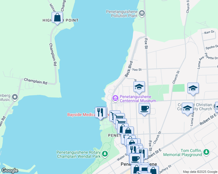 map of restaurants, bars, coffee shops, grocery stores, and more near 8 Beck Boulevard in Penetanguishene