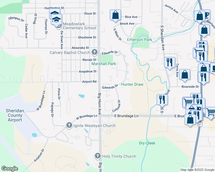 map of restaurants, bars, coffee shops, grocery stores, and more near 1969 Liberty Court in Sheridan