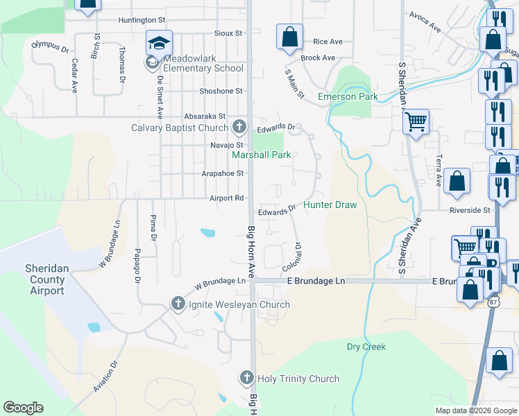 map of restaurants, bars, coffee shops, grocery stores, and more near 1970 Liberty Ct in Sheridan