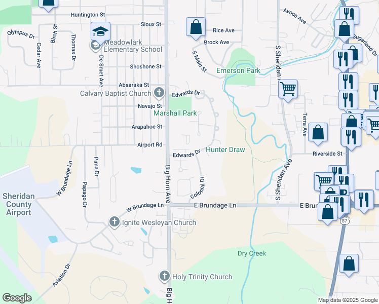 map of restaurants, bars, coffee shops, grocery stores, and more near 1969 Liberty Court in Sheridan
