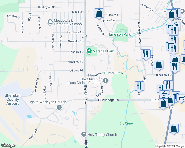 map of restaurants, bars, coffee shops, grocery stores, and more near 1969 Liberty Court in Sheridan