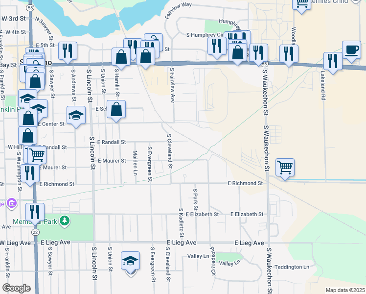 map of restaurants, bars, coffee shops, grocery stores, and more near 921 East Maurer Street in Shawano
