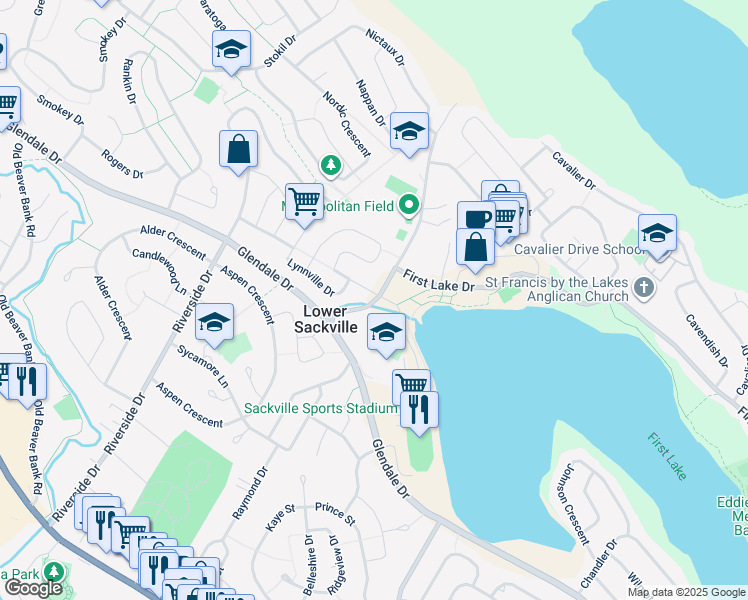 map of restaurants, bars, coffee shops, grocery stores, and more near 1 Metropolitan Avenue in Lower Sackville