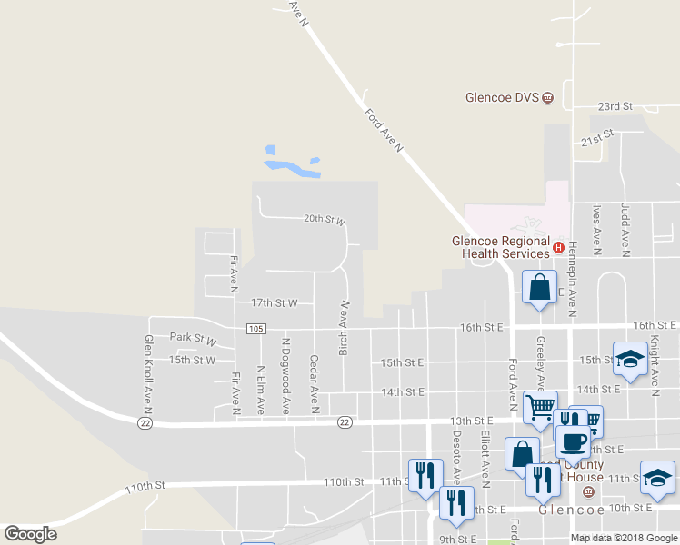map of restaurants, bars, coffee shops, grocery stores, and more near 1701 Birch Avenue North in Glencoe