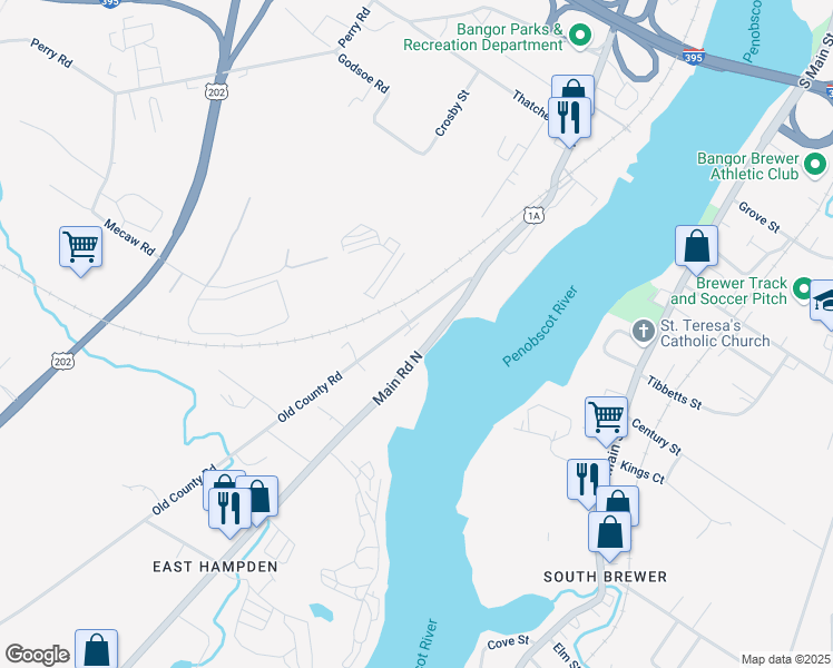 map of restaurants, bars, coffee shops, grocery stores, and more near 760 Main Road North in Hampden