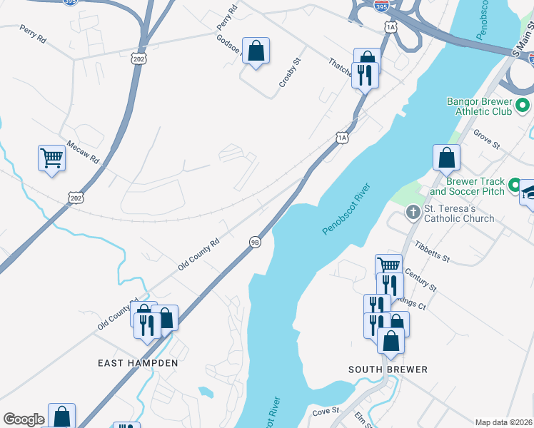 map of restaurants, bars, coffee shops, grocery stores, and more near 760 Main Road North in Hampden