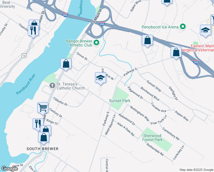 map of restaurants, bars, coffee shops, grocery stores, and more near 92 Pendleton Street in Brewer