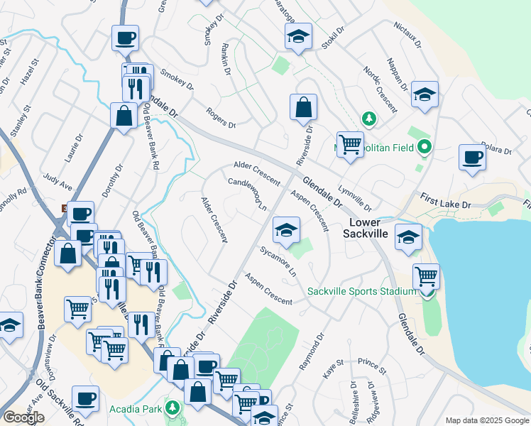 map of restaurants, bars, coffee shops, grocery stores, and more near 2 Candlewood Lane in Lower Sackville