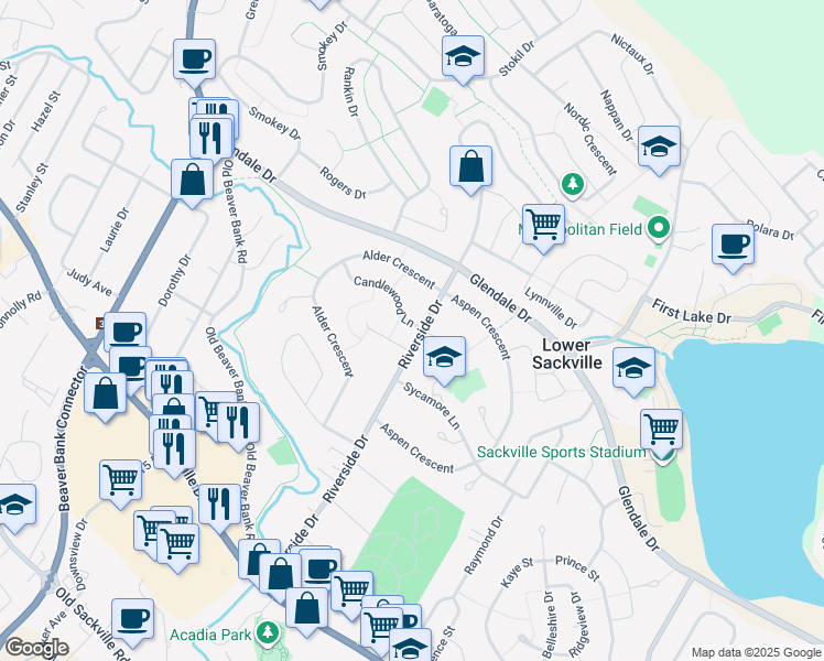map of restaurants, bars, coffee shops, grocery stores, and more near 2 Candlewood Lane in Lower Sackville