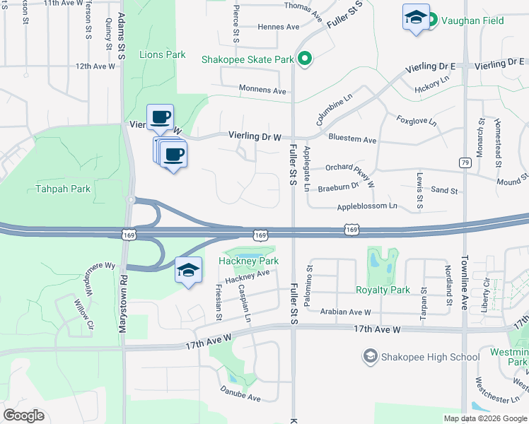 map of restaurants, bars, coffee shops, grocery stores, and more near 1521 McIntosh Circle in Shakopee