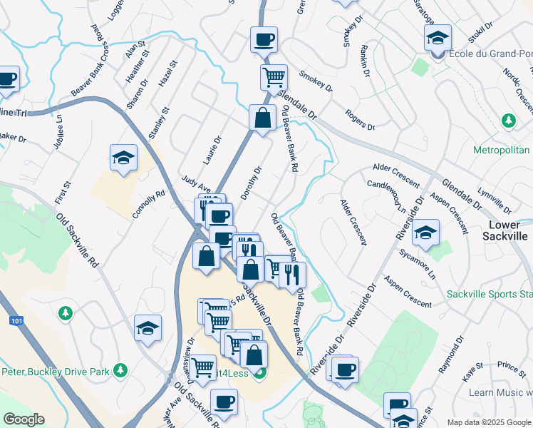 map of restaurants, bars, coffee shops, grocery stores, and more near 33 Irene Avenue in Lower Sackville
