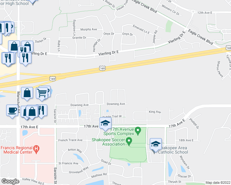 map of restaurants, bars, coffee shops, grocery stores, and more near 1516 Chartreux Avenue in Shakopee
