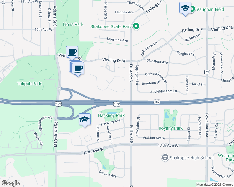 map of restaurants, bars, coffee shops, grocery stores, and more near 1521 McIntosh Circle in Shakopee