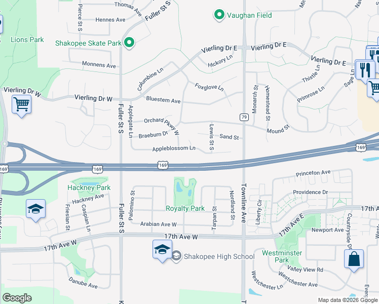 map of restaurants, bars, coffee shops, grocery stores, and more near 106 Appleblossom Lane in Shakopee