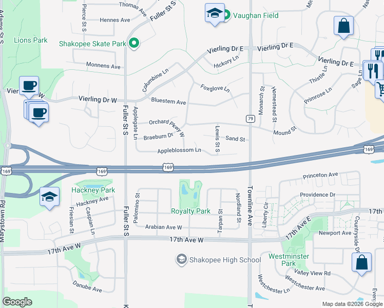 map of restaurants, bars, coffee shops, grocery stores, and more near 106 Appleblossom Lane in Shakopee