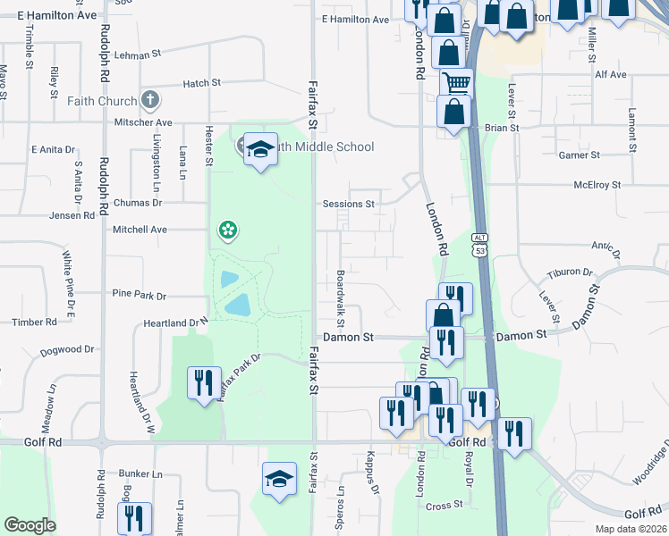 map of restaurants, bars, coffee shops, grocery stores, and more near 3806 Boardwalk Street in Eau Claire