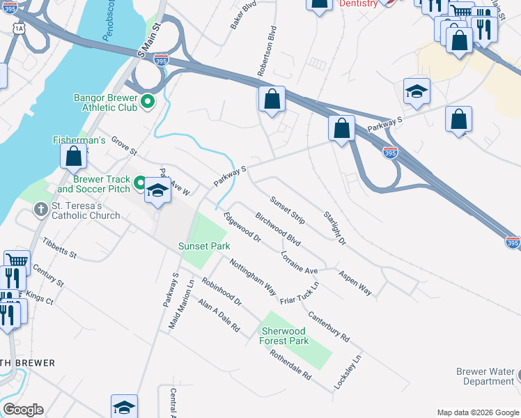 map of restaurants, bars, coffee shops, grocery stores, and more near 39 Birchwood Boulevard in Brewer