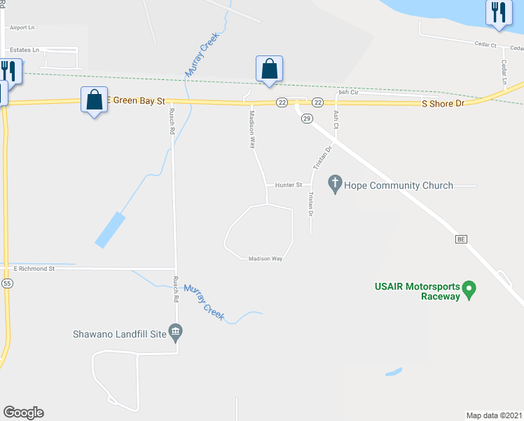 map of restaurants, bars, coffee shops, grocery stores, and more near 301 Madison Way in Shawano