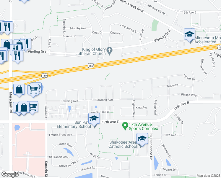 map of restaurants, bars, coffee shops, grocery stores, and more near 1578 Balinese Street in Shakopee