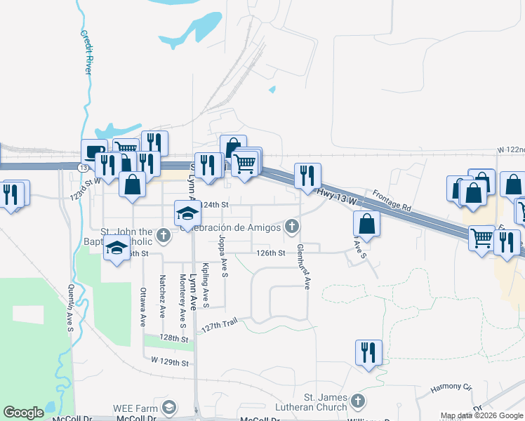 map of restaurants, bars, coffee shops, grocery stores, and more near 4111 West 125th Street in Savage