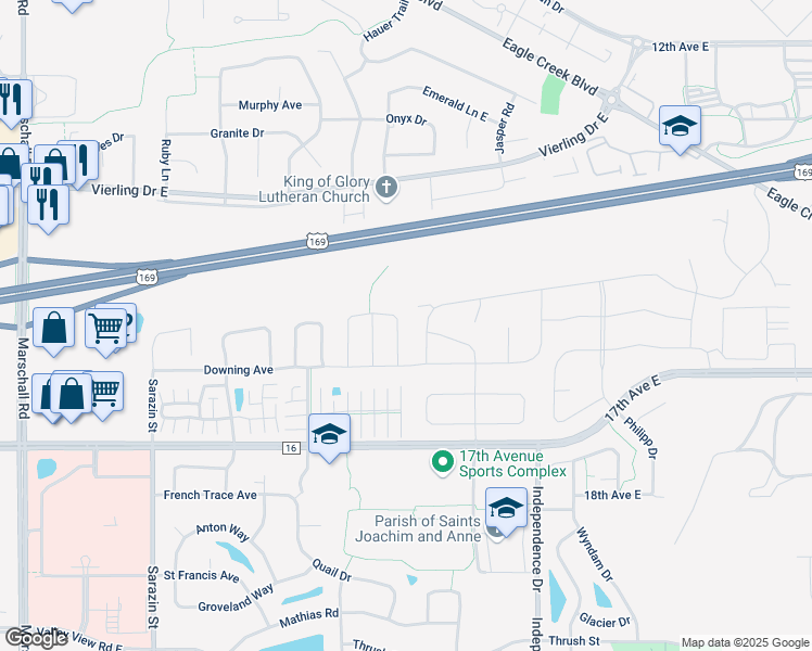 map of restaurants, bars, coffee shops, grocery stores, and more near 1591 Balinese Street in Shakopee