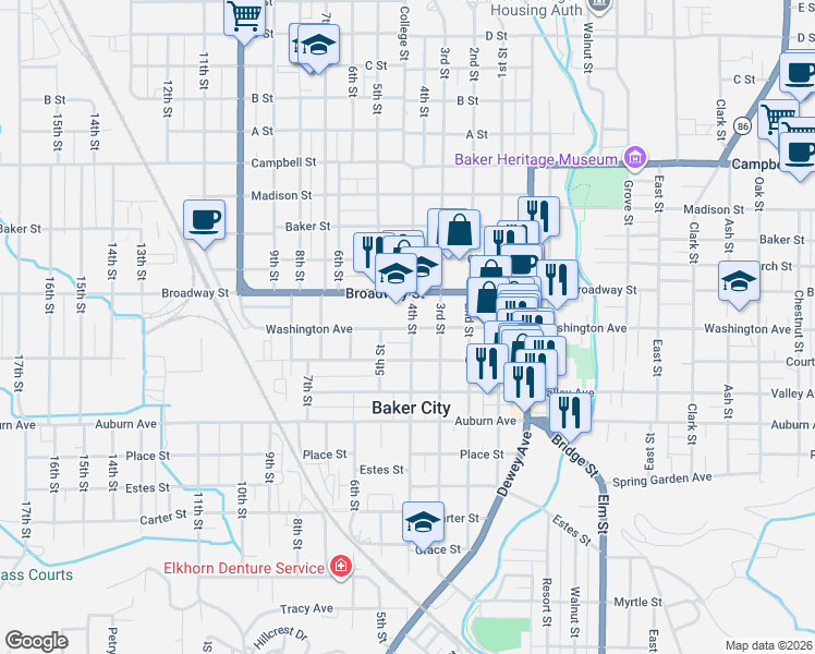 map of restaurants, bars, coffee shops, grocery stores, and more near Hillcrest Drive in Baker City