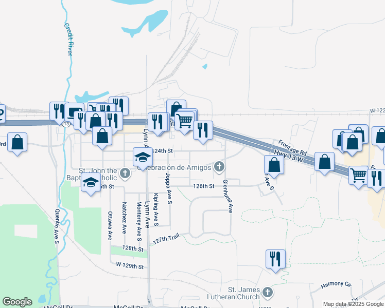 map of restaurants, bars, coffee shops, grocery stores, and more near 4204 West 125th Street in Savage