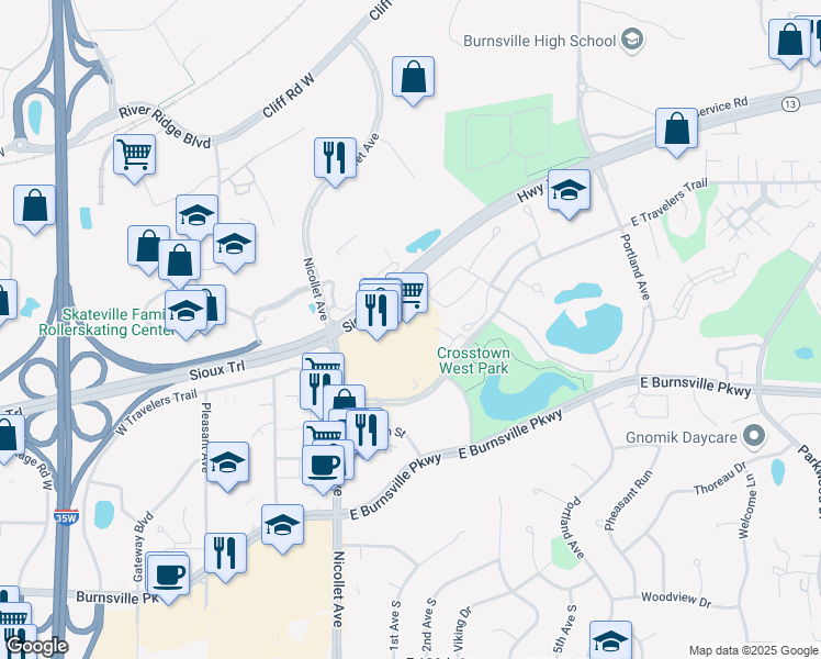 map of restaurants, bars, coffee shops, grocery stores, and more near 368 East Travelers Trail in Burnsville